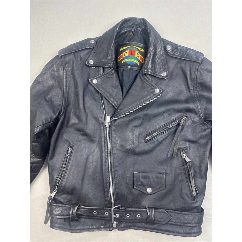 Putnam Leather Gold Motorcycle Jacket Mens 40 / M Biker Vintage Black Moto PLG